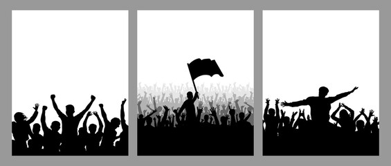 Set of vertical posters. Silhouettes of cheerful crowd people, leader with flag, fans. Vector illustration.