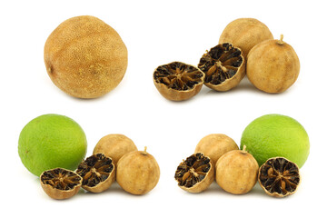 cut dried "white lime" fruit and a fresh one on a white background