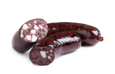 Cut and whole tasty blood sausages on white background