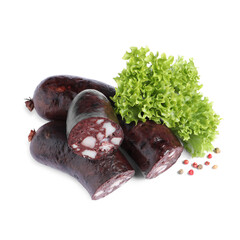 Tasty blood sausages with lettuce and pepper on white background, top view