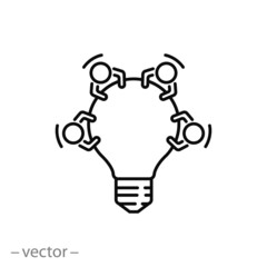 team brainstorm icon, share business idea, community  innovation development, group people, creative knowledge, meeting table lightbulb, thin line symbol - editable stroke vector eps10