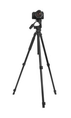 Modern tripod with professional camera isolated on white