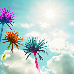 Abstract bright multicolored palms on a background of blue sky with clouds.