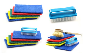 Colorful abrasive pads and some household brushes on a white background
