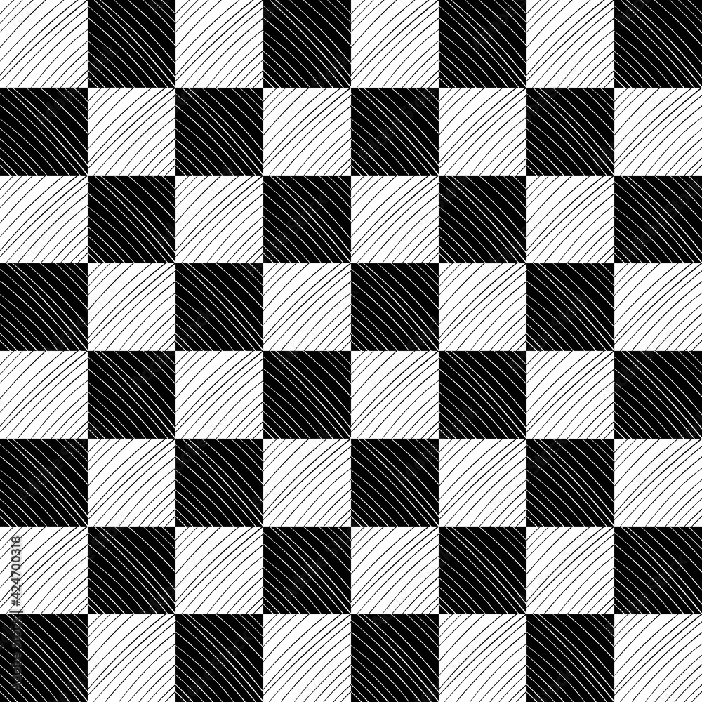 Poster Chessboard And Diagonal Lines. Seamless Squares And Diagonal Black And White Lines.