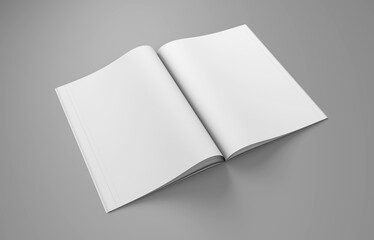 Open magazine mockup. Blank magazine template for copy space. Empty space in magazine. Grey background. 3d render