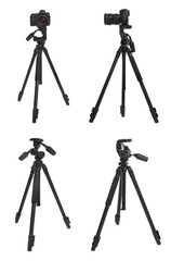 Set of modern tripods with professional cameras on white background