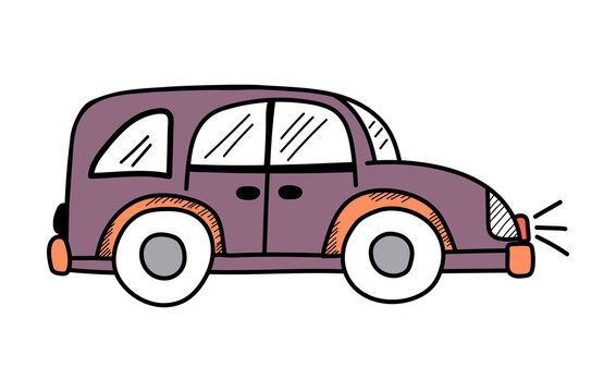 Vector cute purple car in doodle style on a white background, children's illustration. Children's car for postcards, banners, posters, gifts, pajamas