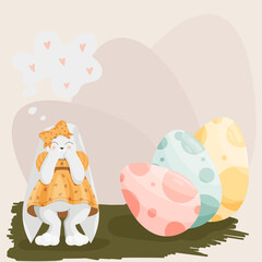A vector illustration of an easter girl bunny who found hidden easter eggs