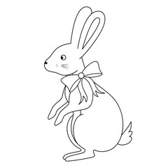 Hare. The rabbit stands on its hind legs. Sketch. Stylish pet with a bow on the neck. Vector illustration. Coloring book for children. Doodle style. An animal with long ears. Nice present. 