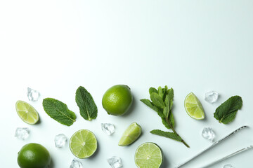 Ingredients for mojito cocktail on white background, space for text