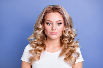 Photo of young charming pretty beautiful businesswoman with blonde wavy hair isolated on blue color background