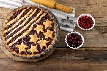 Step 4. After baking. Homemade cherry pie. Cake made from dough with stars. Food for 4th July USA Independence Day. American Pie. Sweet pastries. Berry open round tart. DIY