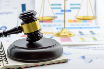 Legal office of lawyers, justice and law concept : Wooden judge gavel or a wood hammer and a...