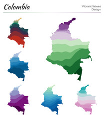 Set of vector maps of Colombia. Vibrant waves design. Bright map of country in geometric smooth curves style. Multicolored Colombia map for your design. Superb vector illustration.