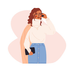 Modern woman in trendy outfit talking phone flat cartoon illustration. Female character using smartphone banner design. Businesswoman telephone call, successful person background.