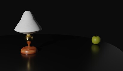 Fototapeta na wymiar 3d render. concept of education. table lamp and green apple on the table black dark background