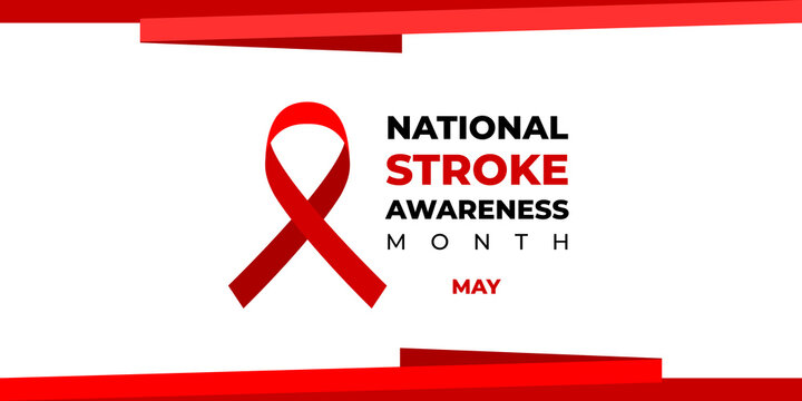 National stroke awareness month. Vector web banner for social media, poster, card, flyer. Text National stroke awareness month, May and red ribbon on white background.