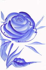 Painting a blue flower on a white background. Gzhel