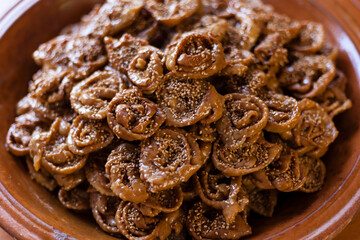 Top view shot of Chebakia big size plate for Ramadan holidays with natural light.