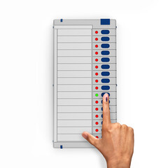 Electronic Voting Machine, EVM with male hand voting sign pressing button casting vote Indian...
