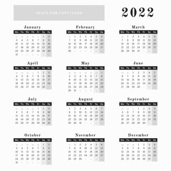 Square format Calendar for year 2022 in neutral black and white design