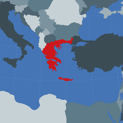 Shape of Greece highlighted in red on a world map, showing its location in relation to neighboring countries. Vector illustration.