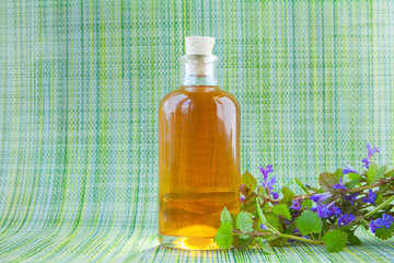 bugleherb essential oil in  beautiful bottle on green background