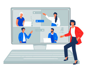 Team video conference or meeting online concept with business people. Video call meeting or virtual training, online business conference, flat vector illustration isolated on white background.