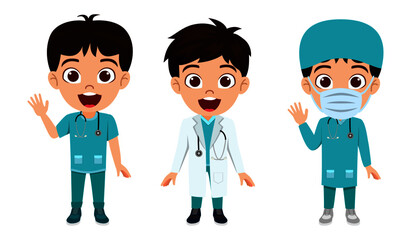 Happy cute smart kid boys character wearing doctor nurse outfit with cheerful expression emergency team