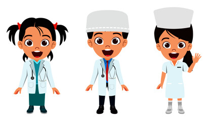Happy cute smart kid boy and girl character wearing doctor nurse outfit with cheerful expression emergency team