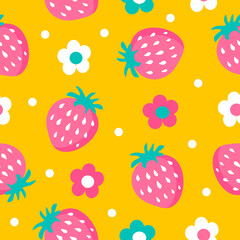 vector seamless pattern with hand drawn strawberries and flowers on a yellow background. summer bright background. trend illustration in flat style