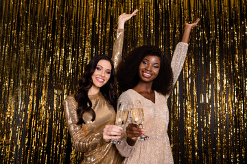 Photo of two lovely girlfriends hold glasses sparkling wine raise hands wear glossy outfit isolated...