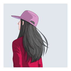 Girl back with a Cap minimal drawing style