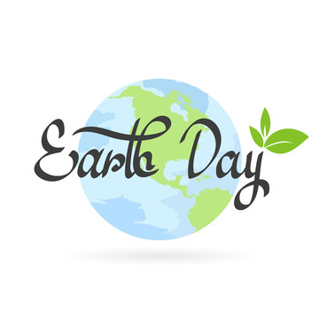 Word and green leaf with Earth Day handwriting isolated on white background ,Vector illustration EPS 10