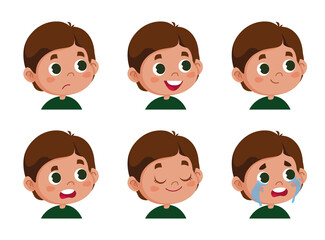 Vector character funny. Illustration of cute faces of schoolboy boy showing different emotions. Avatar isolated on white background