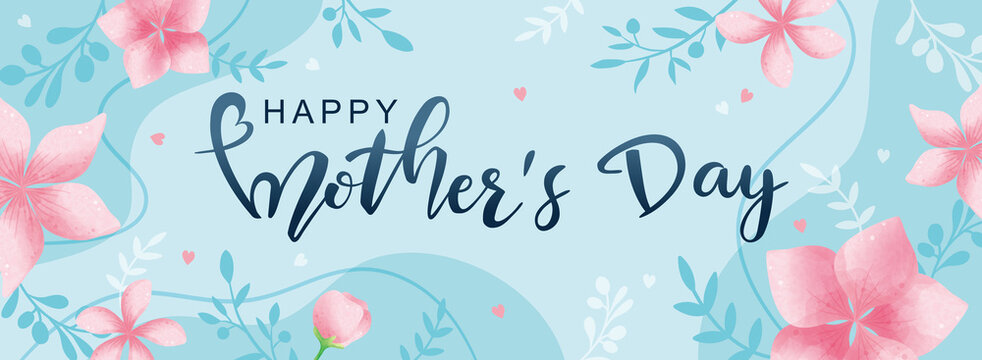 Happy Mother's Day poster and banner template with flowers on light blue background. Vector illustration for women's day, shop, invitation, discount, sale, flyer, decoration.