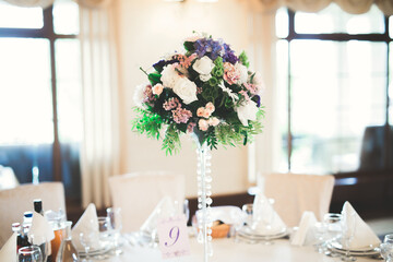 Interior of a restaurant prepared for wedding ceremony