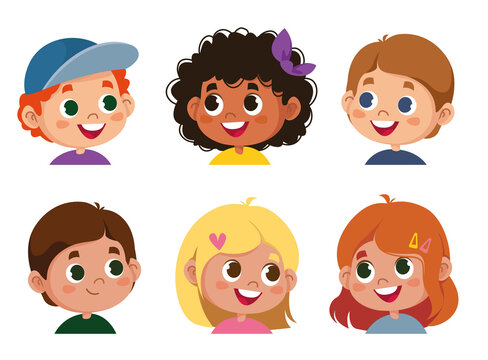 Set of children s emotions. Facial expression. Cartoon boy and girl avatar. Vector illustration of baby cartoon character cute