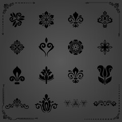 Vintage set of floral elements. Different black elements for backgrounds, frames and monograms. Classic patterns. Set of vintage patterns