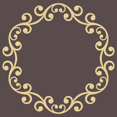 Oriental round frame with arabesques and floral elements. Floral golden border with vintage pattern. Greeting card with place for text