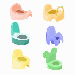 A potty chair for a child of different shapes and colors.