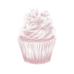 Linear illustration of a cupcake with a rose bud decoration