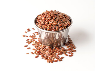 Flax seeds in the metallic bowl.