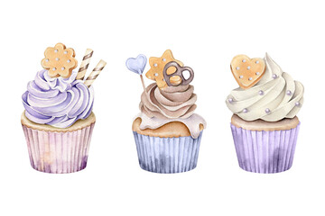 watercolor cake. set of cupcakes