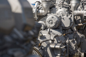 Fototapeta na wymiar Engine details. Diesel engine. Motor truck.Military vehicle engine