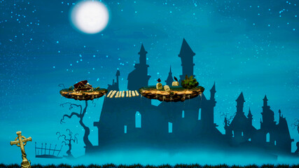 Naklejka premium A view of a gloomy place with islands and skeletons in the sky in cartoon style. On the background of the castle