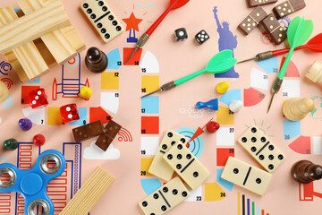 Different types of board games and its' components as background, top view © New Africa