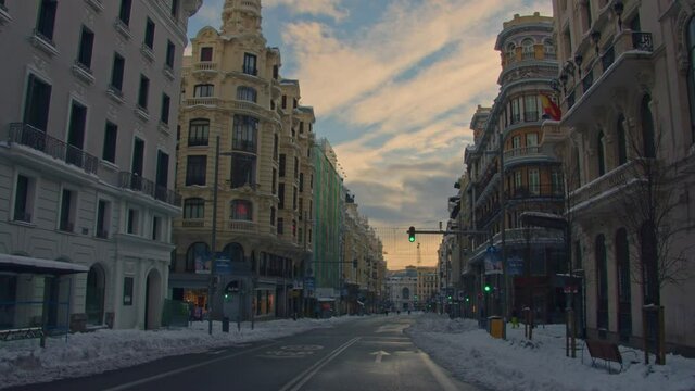 Madrid's Gran Via street empty at dawn