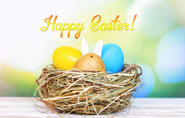 colored Easter eggs  with bunny rabbit ears, selective focus image. Happy Easter card.